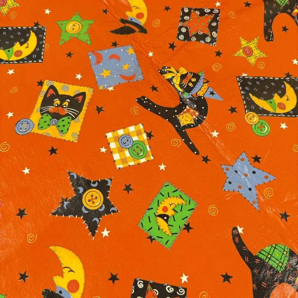Halloween Vinyl/Flannel Backed Tablecloth Orange Black Cat Moon Stars 86